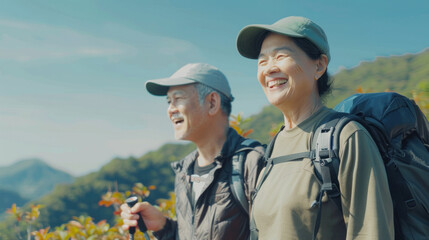Portrait cheerful smiling middle age asian woman hiking walking with her husband enjoying free time and nature. Active beautiful seniors in love together at sunny day - Powered by Adobe
