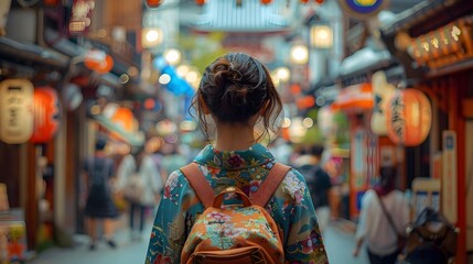 Woman Walking in Japanese Streets with Traditional Kimono