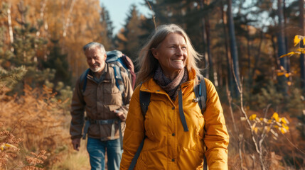 Fototapeta premium Portrait cheerful smiling middle age woman hiking walking with her husband enjoying free time and nature. Active beautiful seniors in love together at sunny day