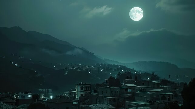 The lomo style enhances the image of a full moon above an ancient Arab town, evoking a sense of nostalgia. Lomography.
