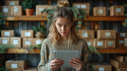 Small business aspiring entrepreneur, small and medium business freelance working in home office using tablet, online marketing packaging box delivery, SME e commerce telemarketing concept