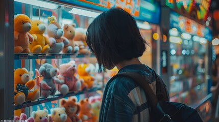 Woman in Black Jacket Holding Plush doll in claw machine shop in Lo-Fi Style - obrazy, fototapety, plakaty