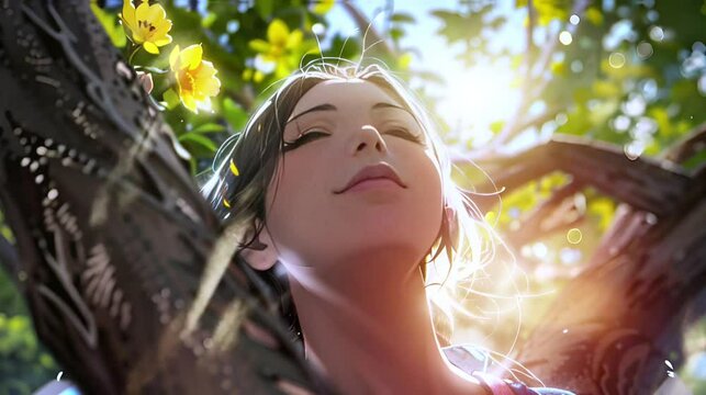"An animation of a beautiful woman seamlessly enjoying the ambiance while perched on a tree, Seamless looping time-lapse animation video background&nbsp; Generated AI