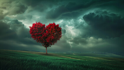 A single red-leafed tree stands out in stark contrast against the dark, stormy skies and rolling green fields, with a powerful lightning strike in the background - Powered by Adobe