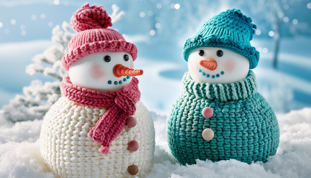 Two adorable snowmen with knitted hats and scarves smile cheerfully amidst a sparkling, snowy scene