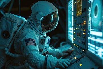 A man dressed in a space suit is seen actively working on a computer, An astronaut using a high-tech space computer, AI Generated