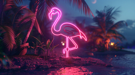 A neon pink flamingo neon sign standing out against a tropical night backdrop The sign brings a playful retro vibe to the scene evoking memories of classic roadside attractions and warm summer - obrazy, fototapety, plakaty