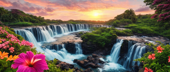 Fantasy landscape with waterfalls, panorama.