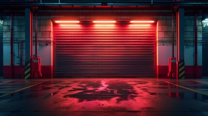 Neon-lit red garage door in an empty urban parking lot at night with wet ground reflecting lights