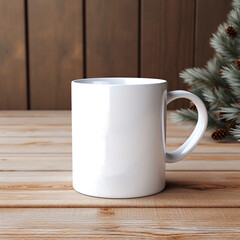 Simple mockup of white mug on wooden table, pine tree in the background, photorealistic, high resolution, high detail