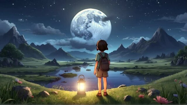 "An animated portrayal of a young child carrying a lantern on a tranquil night, featuring a mountain lake and a full moon. Seamless looping time-lapse animation background video generated by AI."