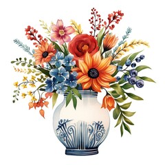 Hand-drawn watercolor boho vase with vibrant floral arrangement, perfect for home decor and stationery designs