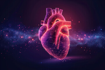 cardiology and cardiac health medicine, vector background. 3D geometric polygon heart with pulse and heartbeat