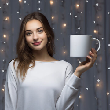 Portrait of happy beautiful young woman holding white mug with space for text, Christmas lights background
