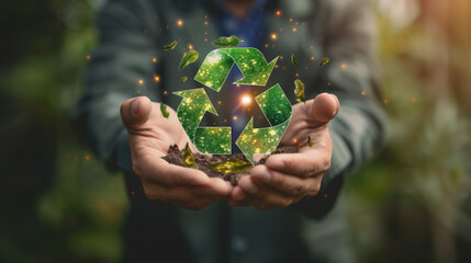 light bulb in the hand. Businessman holding circular economy icon. The concept of circular economy for future growth of business and environment sustainable and reducing pollution for future business