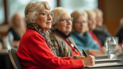 Silverhaired seniors sit at round tables pens in hand as they jot down tips and advice from the knowledgeable speaker at the front of the room.