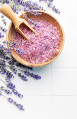 Obraz na płótnie Canvas Lavender spa. Lavender salt and fresh lavender