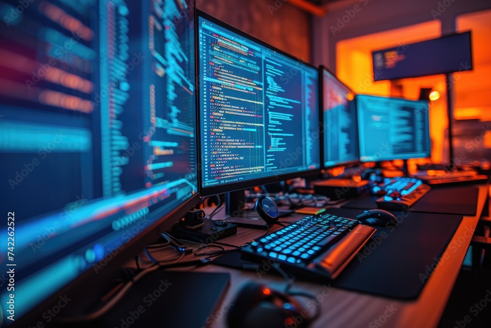Poster multiple computer monitors neatly arranged in a row on top of a desk, an engineer's work station wit