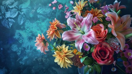 Fototapeta na wymiar Multicolor beautiful fantasy vintage wallpaper botanical flower bunch, a vintage motif for floral print digital background