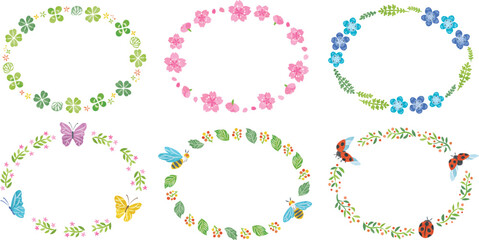 春　植物　花　昆虫　イラスト丸フレームセット　横長