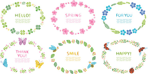 春　植物　花　昆虫　イラスト丸フレームセット　横長