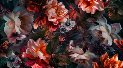 Multicolor beautiful fantasy vintage wallpaper botanical flower bunch, a vintage motif for floral print digital background - obrazy, fototapety, plakaty