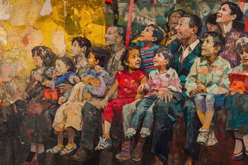 A Painting of a Group of People Sitting on a Bench, An expressive portrayal of a family watching the Thanksgiving Day parade together, AI Generated