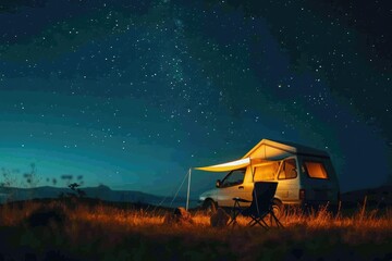 A camper parked in a wide open field beneath a starry night sky, An idyllic camping scene under a twinkling starry summer sky, AI Generated - obrazy, fototapety, plakaty