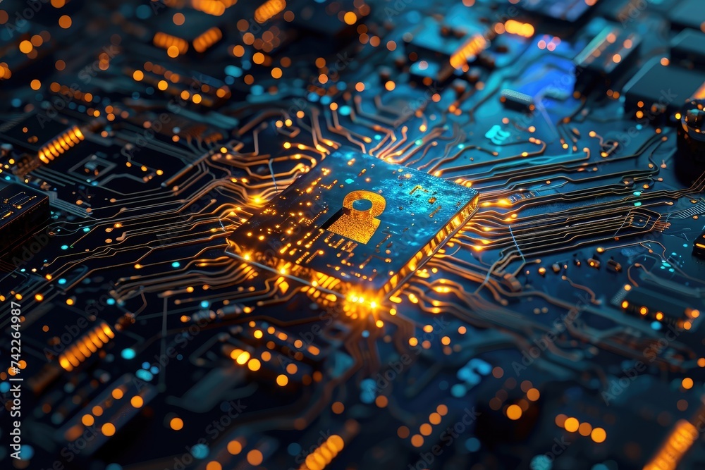 Poster an image depicting a circuit board with a padlock, showcasing the fusion of technology and security,