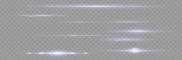 Blue horizontal lens flares pack. Laser beams, horizontal light flares. Glowing streaks on dark background. Luminous abstract sparkling lined background.