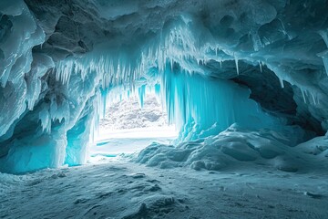 A large ice cave, formed by the accumulation of ice over time, showcases an impressive display of ice formations, An impressive ice cavern in a frozen landscape, AI Generated