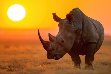 Fototapeta premium A rhinoceros stands in a field during the beautiful sunset, showcasing its powerful presence against the vibrant sky, An impressive rhino, stark against the setting sun, AI Generated