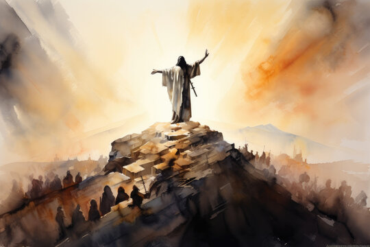 Jesus standing on top of a mountain and preaching to the crowd. Watercolor painting