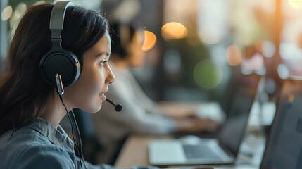 A female call center employee is responding to a customer on the phone. CRM elevates customer service. customer relationship management. generative AI - obrazy, fototapety, plakaty