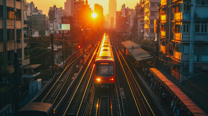 High-speed train in slow motion on the railway through a densely populated urban area during city sunset - obrazy, fototapety, plakaty