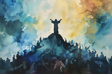 Jesus standing on top of a mountain and preaching to the crowd. Watercolor painting