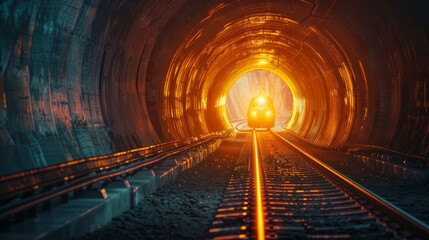Fototapeta na wymiar Railway tunnel, light at the end, electric train approaching, symbol of journey and destination. Train Emerging from a Luminous Tunnel into Twilight