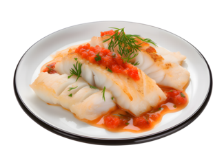 Bacalao con tomate sobre plato azul y fondo blanco. Cod with tomato on white transparent background