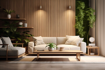 A beautifully arranged living area with a stylish sofa, vibrant greenery, a contemporary table, and ambient lighting, creating a serene ambiance.3d rendering.