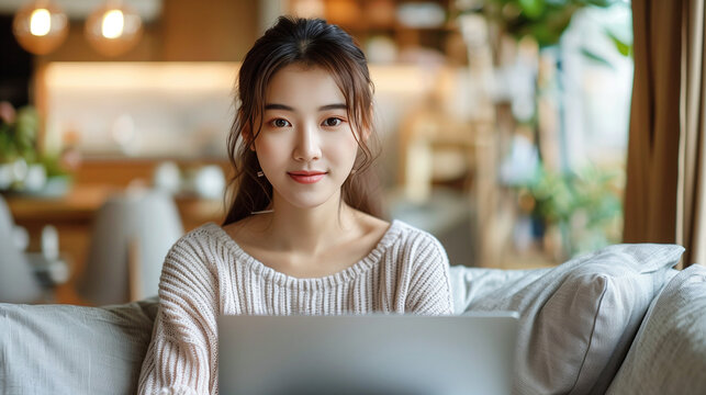Asian young woman freelancer sitting on comfortable sofa browsing internet via laptop computer. Working from home concept.