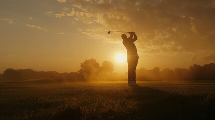 An early morning golfer takes a swing, silhouetted against the rising sun, with mist hanging over the tranquil golf course.