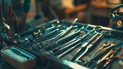 Close-up medical instruments placed on operating table in operating room, It is medical device intended for use in surgery, medical equipment placed in operating room. Generative AI illustration  - obrazy, fototapety, plakaty