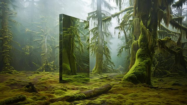 Tracking a mirrored monolith in the mossy green Olympic Rainforest of the Pacific Northwest on a foggy morning