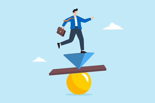 Businessman balancing on inverted pyramid, plank and ball