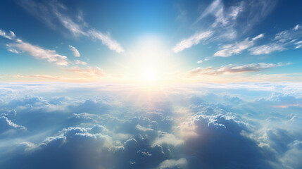Light from heaven blue planet Earth in white clouds bright sunlight from above