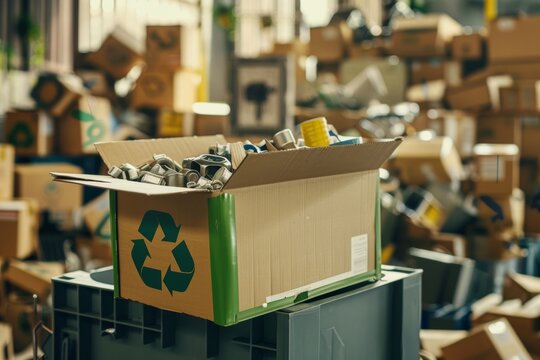 Stack of Cardboard Boxes With Green Recyclable Symbol. Generative AI