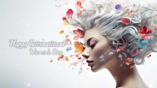 Minimalist "Happy International Women's Day" Animation Featuring Woman with Flower-Adorned Hair