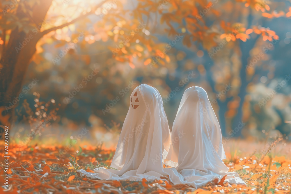 Poster Kids wearing ghost costume in Halloween in a suburban street - Posters