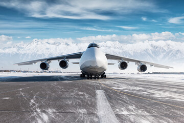Front view of the white wide body transport cargo aircraft at winter airport on the background of...
