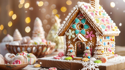 Fototapeta na wymiar An intricately designed gingerbread house painstakingly decorated with colorful candies frosting and sugary snowflakes.